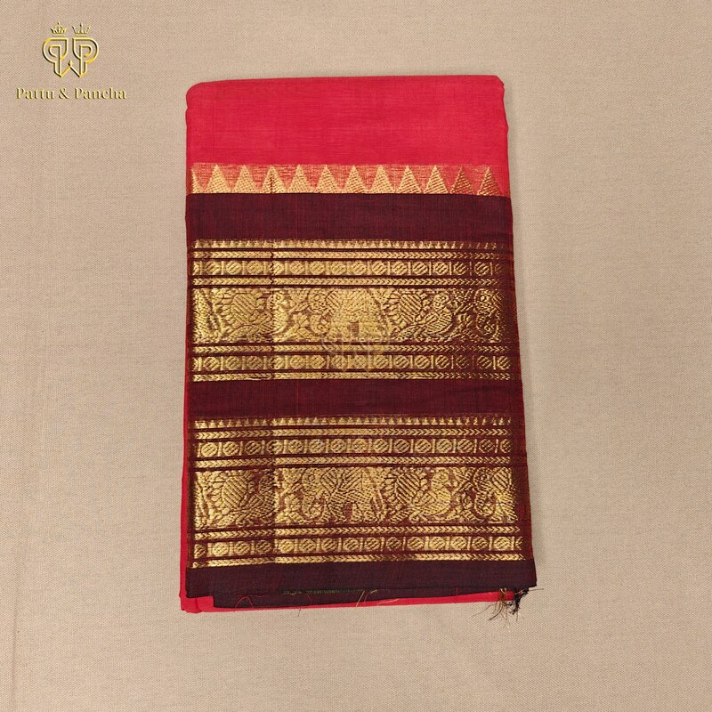 Kanchi Cotton Coral Red Saree with maroon temple zari border
