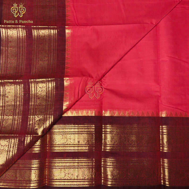 Kanchi Cotton Coral Red Saree with maroon temple zari border
