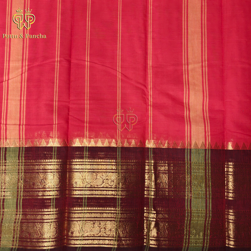 Kanchi Cotton Coral Red Saree with maroon temple zari border
