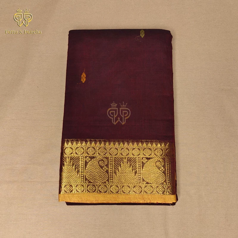 Kanchi Cotton Dark Coffee Brown Saree with Buttas and Gold Zari Border