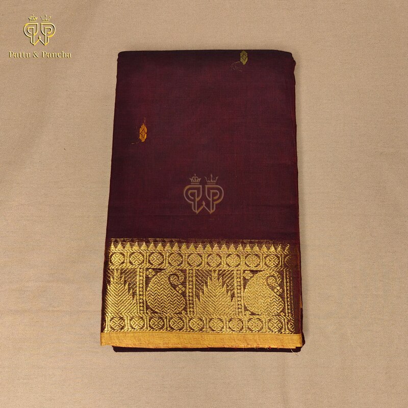 Kanchi Cotton Dark Coffee Brown Saree with Buttas and Gold Zari Border