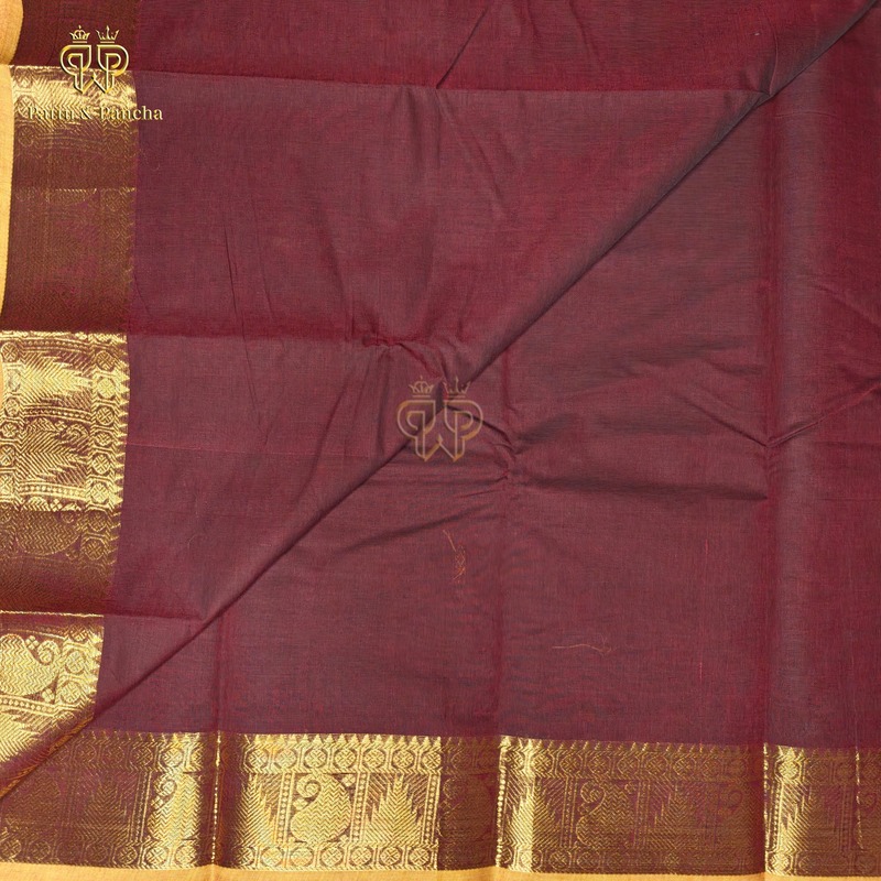 Kanchi Cotton Dark Coffee Brown Saree with Buttas and Gold Zari Border