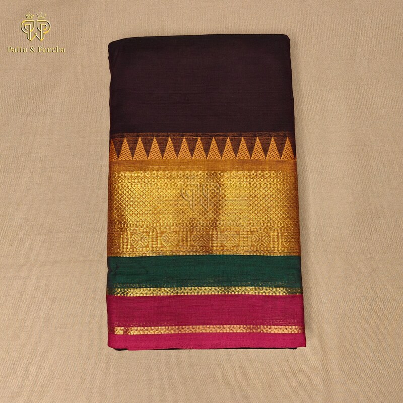 Kanchi Cotton Dark Coffee Brown Saree with Zari Border