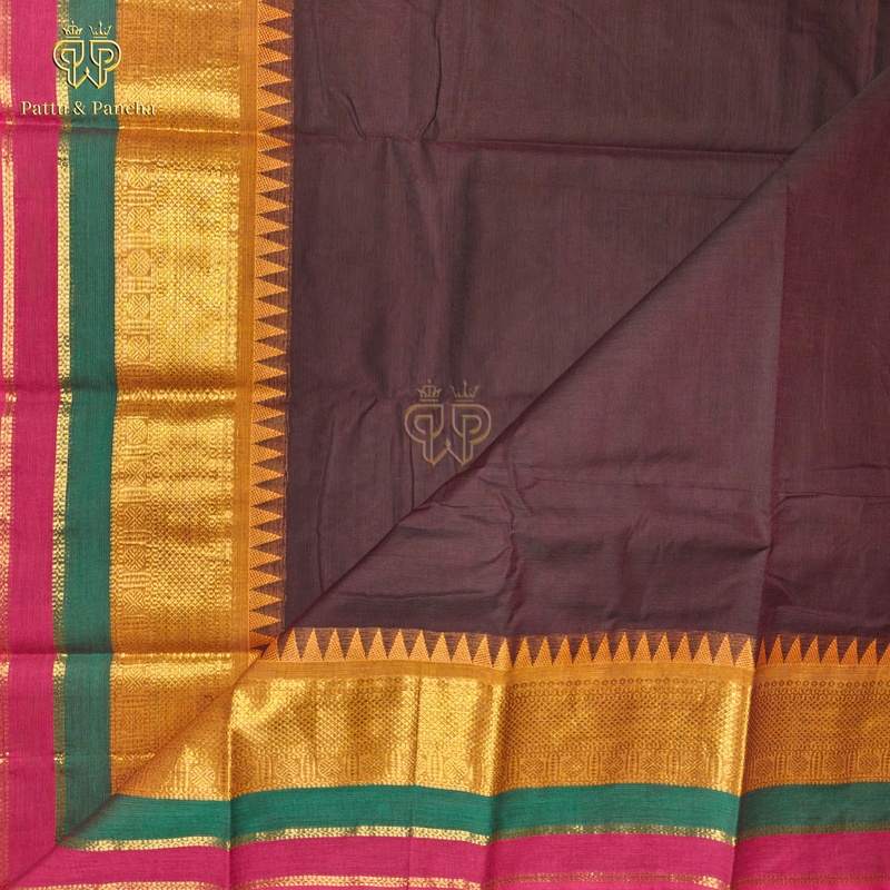 Kanchi Cotton Dark Coffee Brown Saree with Zari Border