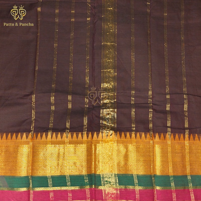 Kanchi Cotton Dark Coffee Brown Saree with Zari Border