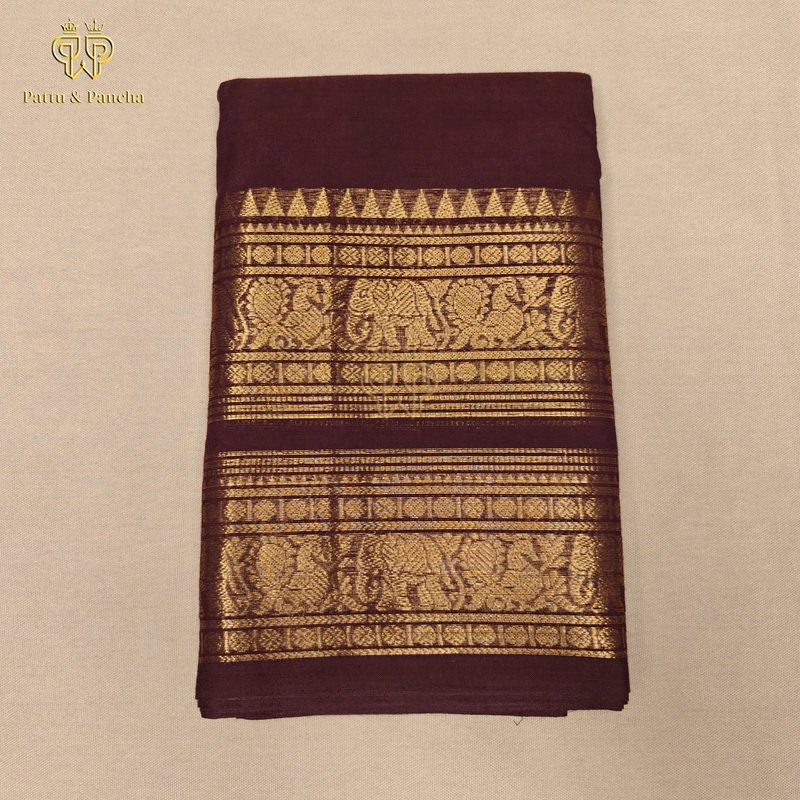Kanchi Cotton Deep Maroon Saree with Gold Zari Border
