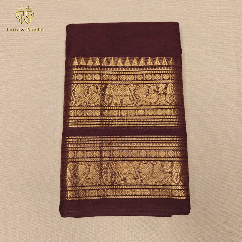 Kanchi Cotton Deep Maroon Saree with Gold Zari Border