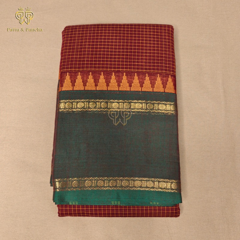 Kanchi Cotton Maroon saree with golden checks and Green temple zari border