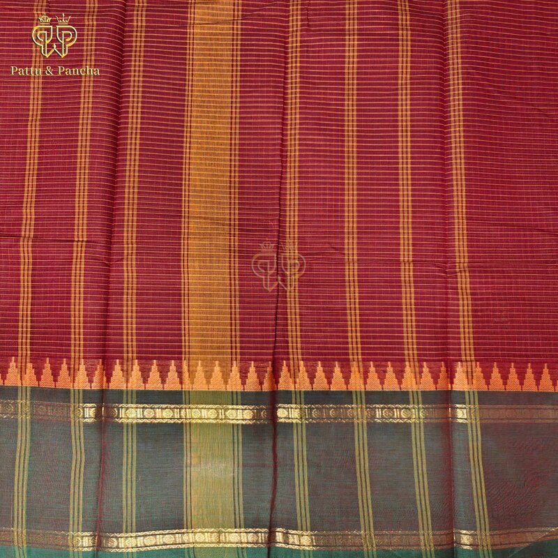 Kanchi Cotton Maroon saree with golden checks and Green temple zari border