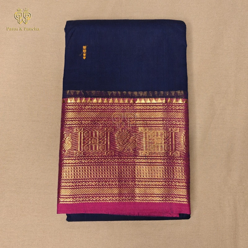 Kanchi Cotton Royal Blue Saree with Buttas and Magenta Border