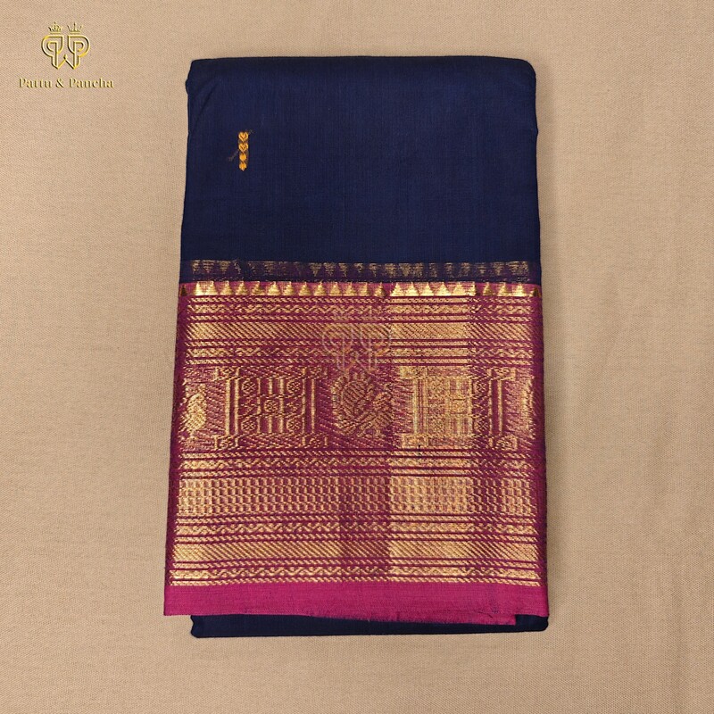 Kanchi Cotton Royal Blue Saree with Buttas and Magenta Border