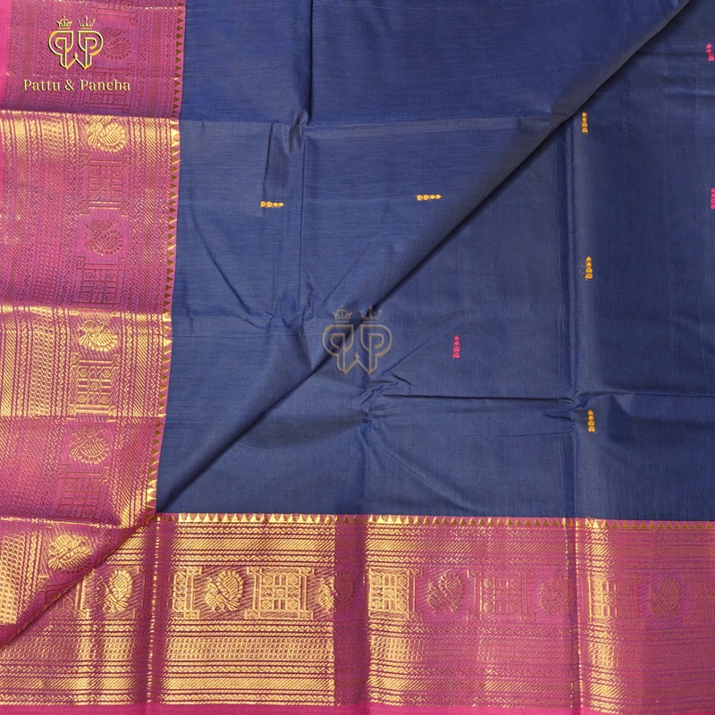 Kanchi Cotton Royal Blue Saree with Buttas and Magenta Border