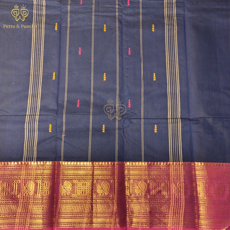 Kanchi Cotton Royal Blue Saree with Buttas and Magenta Border