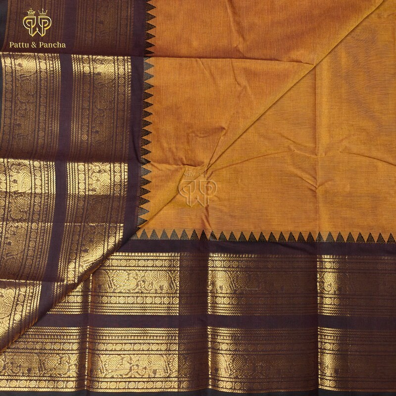 Kanchi Cotton Rust Orange Saree with black temple zari border