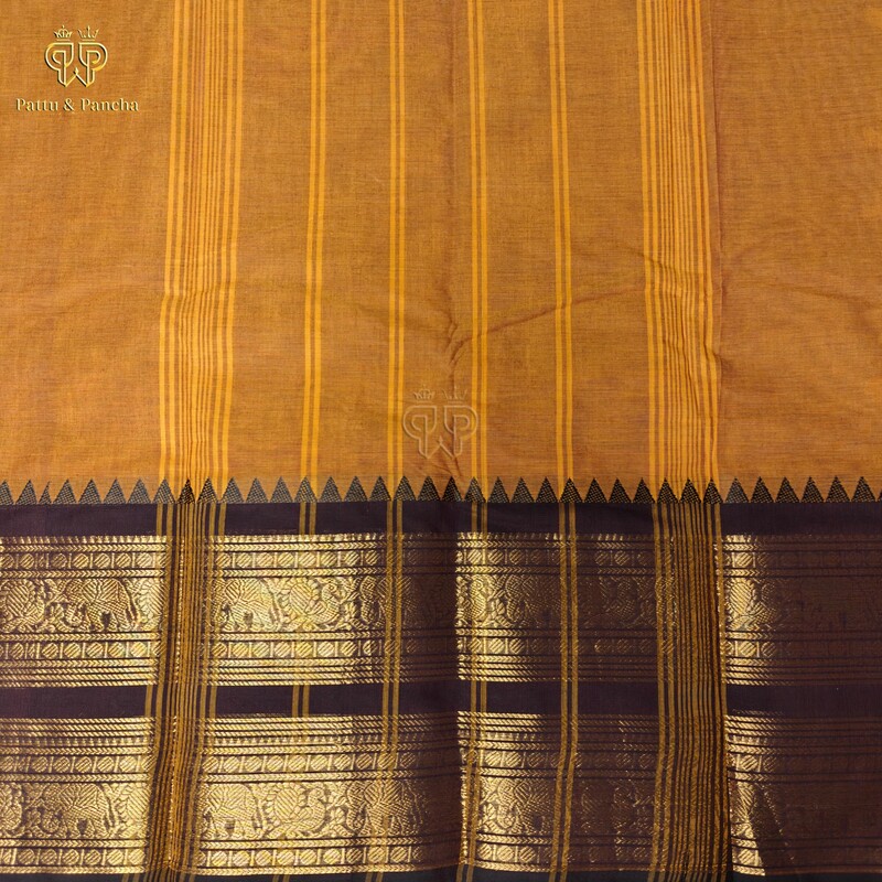 Kanchi Cotton Rust Orange Saree with black temple zari border