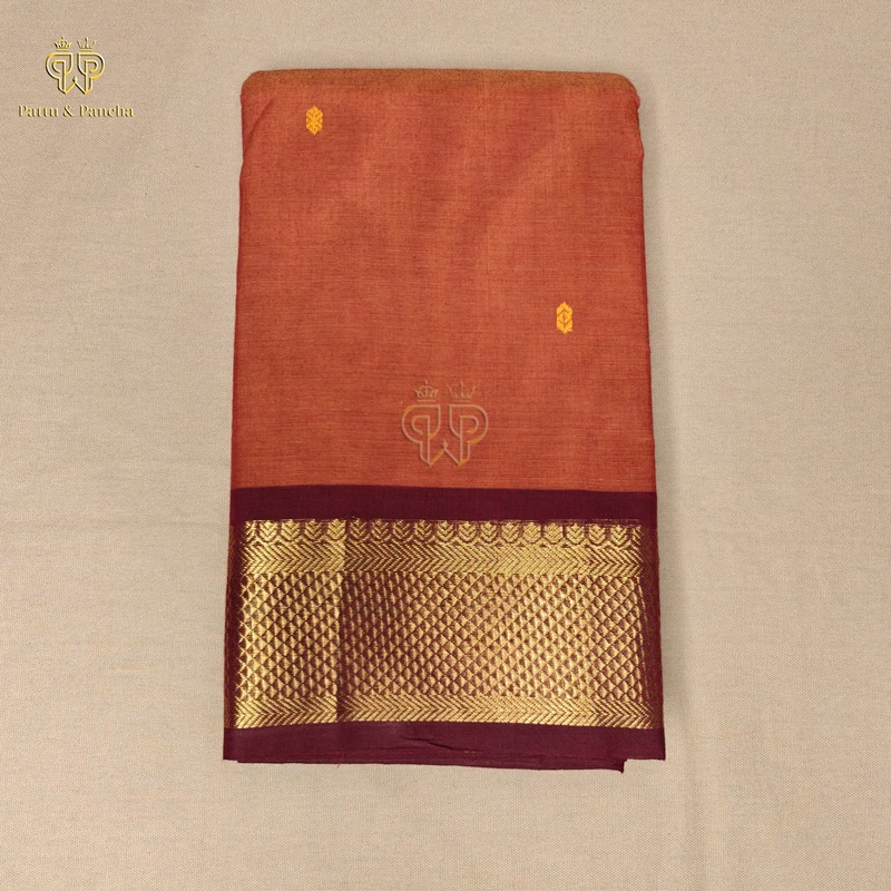 Kanchi Cotton Rust Orange Saree with Zari Buttas and Maroon Border