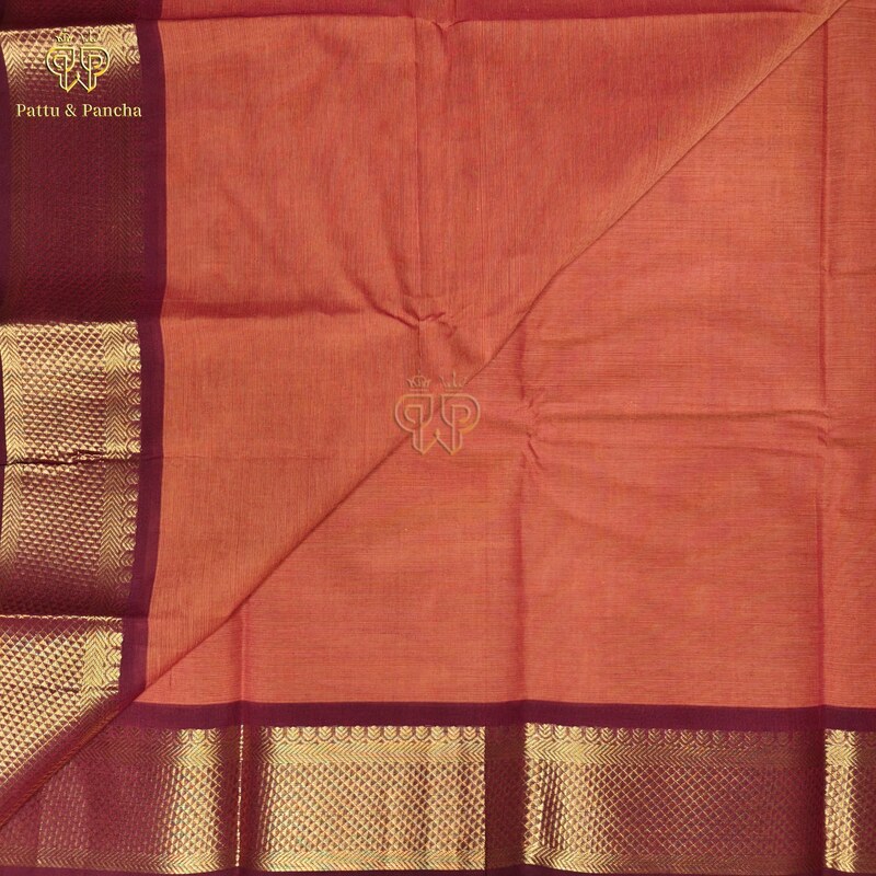 Kanchi Cotton Rust Orange Saree with Zari Buttas and Maroon Border
