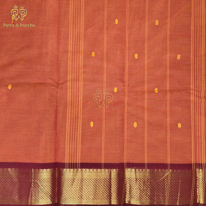 Kanchi Cotton Rust Orange Saree with Zari Buttas and Maroon Border