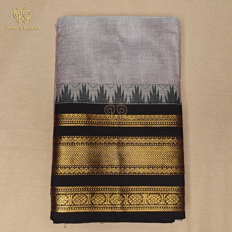 Kanchi Cotton Silver grey saree with black temple zari border
