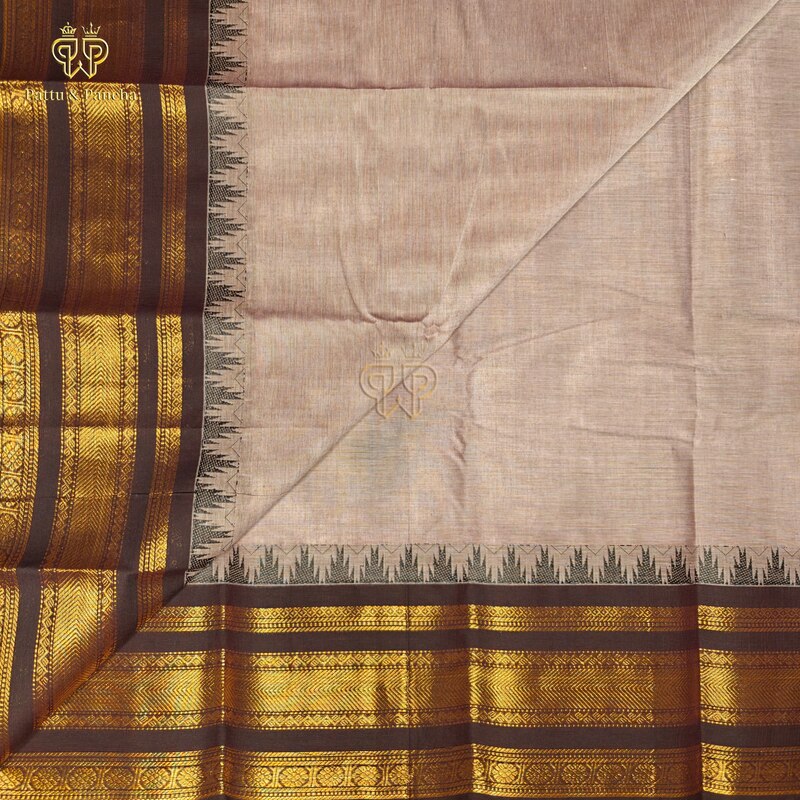 Kanchi Cotton Silver grey saree with black temple zari border