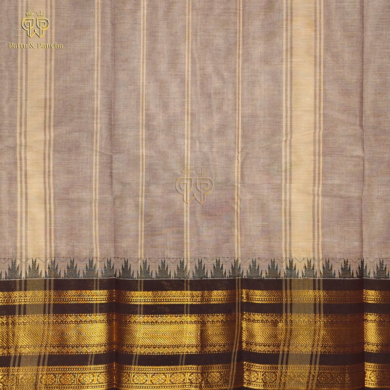 Kanchi Cotton Silver grey saree with black temple zari border