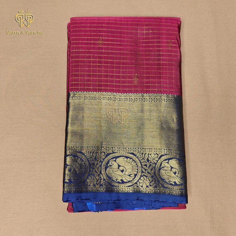 Pure Silk Dark Pink Saree with Gold Zari Checks and Royal Blue Gold Zari Border