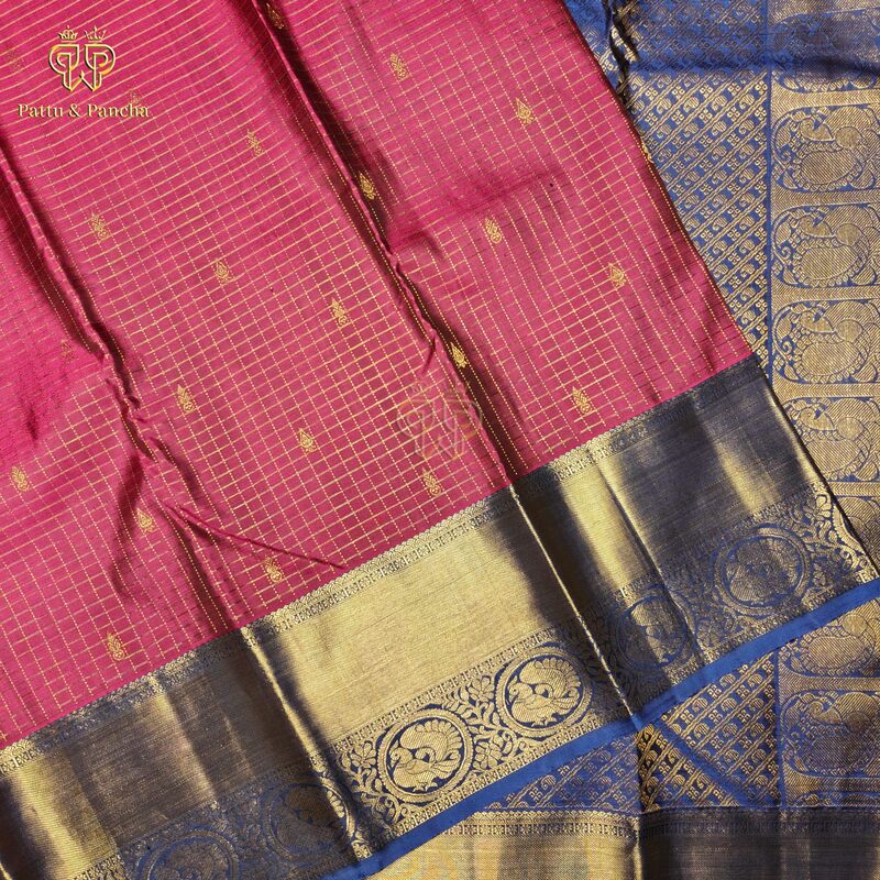 Pure Silk Dark Pink Saree with Gold Zari Checks and Royal Blue Gold Zari Border