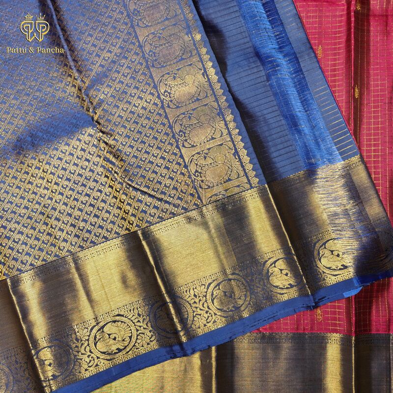 Pure Silk Dark Pink Saree with Gold Zari Checks and Royal Blue Gold Zari Border