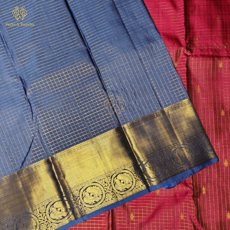 Pure Silk Dark Pink Saree with Gold Zari Checks and Royal Blue Gold Zari Border