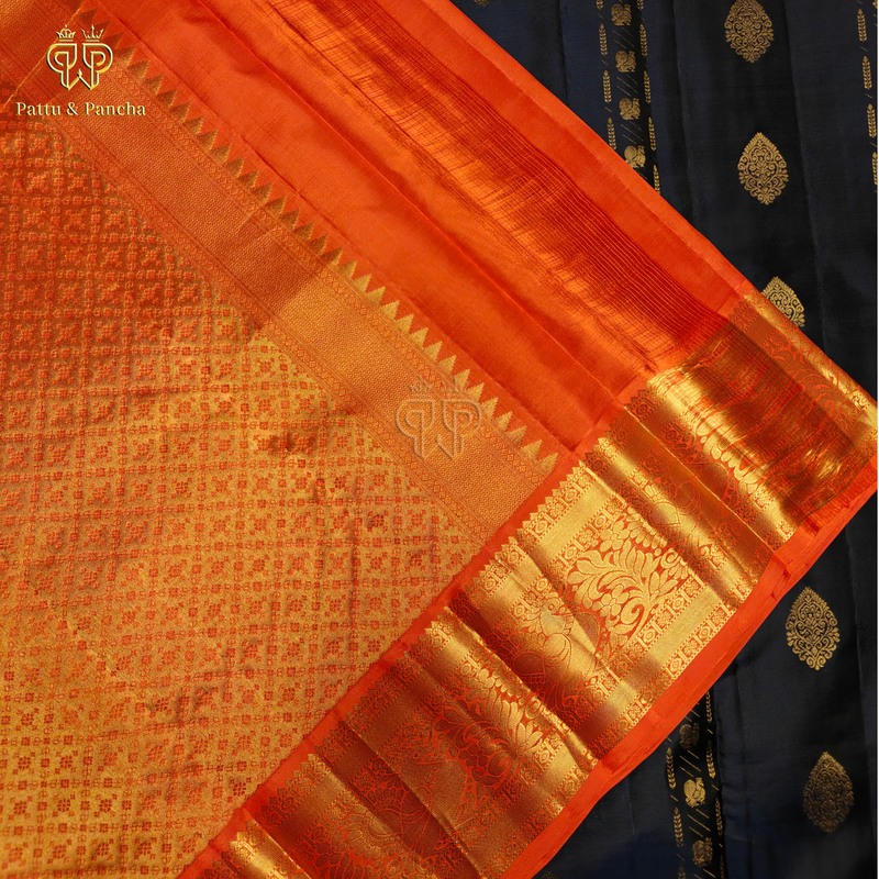 Pure Silk Navy Blue Saree with Gold Zari Buttas and Contrast Orange Border
