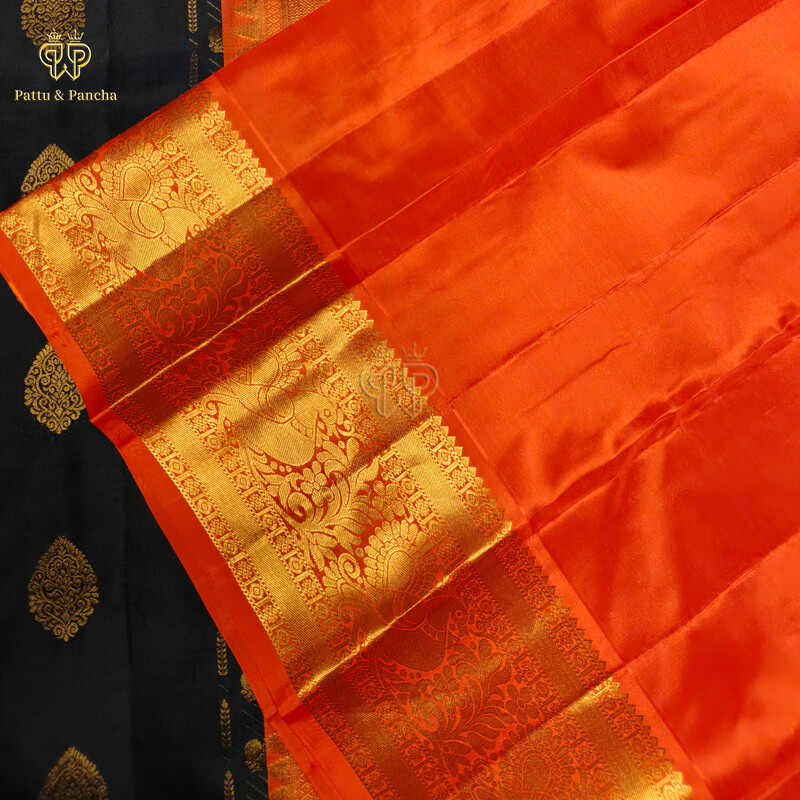 Pure Silk Navy Blue Saree with Gold Zari Buttas and Contrast Orange Border