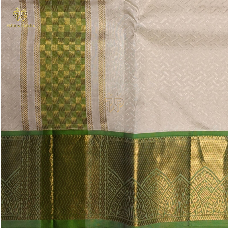 Pure Silk Off White Groom Dhoti with Jacquard Weaving and Gold brocade Zari Border