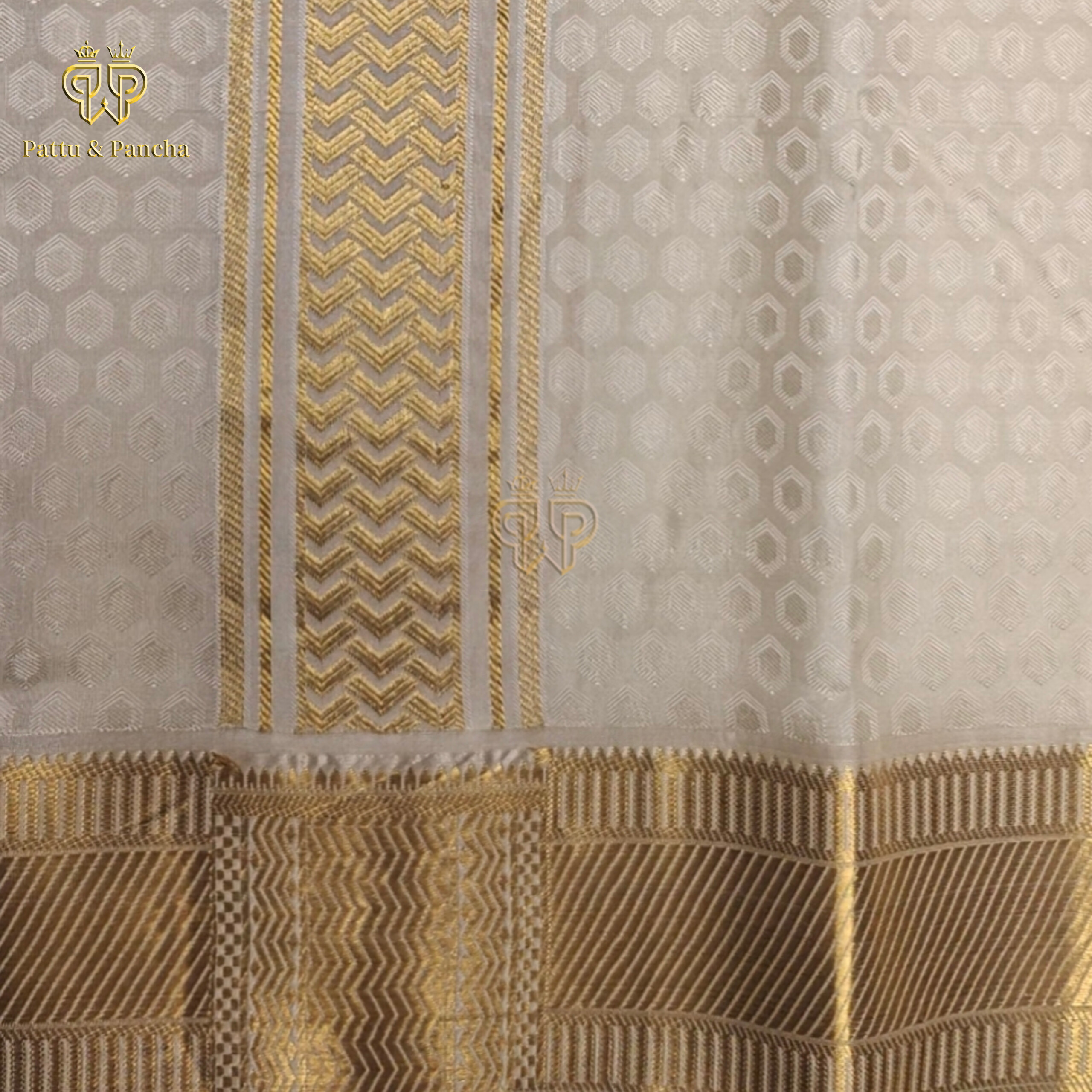 Pure Silk Off White Groom Dhoti with Jacquard Weaving and Rich Brocade Zari Border
