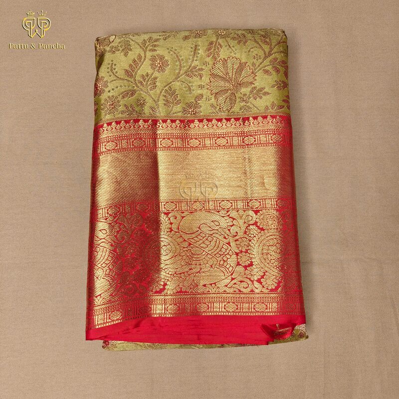 Pure Silk Tissue Golden Bridal Saree with Floral Brocade Weaving and Red with Gold Zari Border