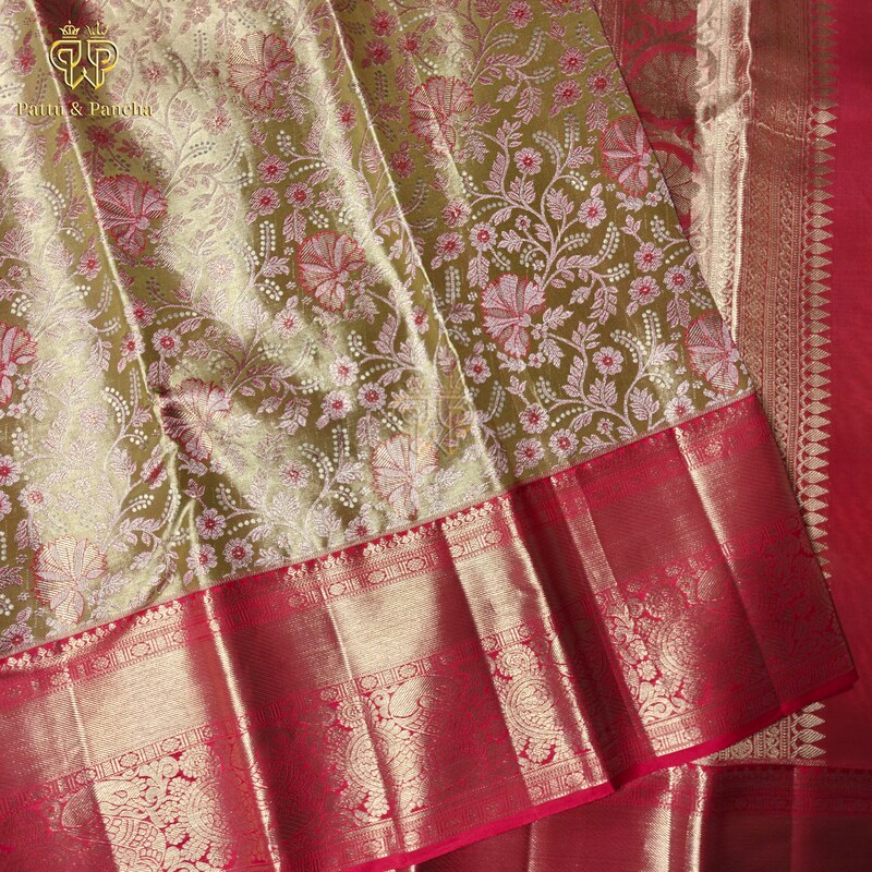Pure Silk Tissue Golden Bridal Saree with Floral Brocade Weaving and Red with Gold Zari Border