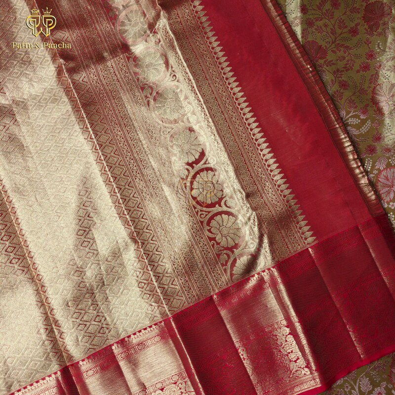 Pure Silk Tissue Golden Bridal Saree with Floral Brocade Weaving and Red with Gold Zari Border