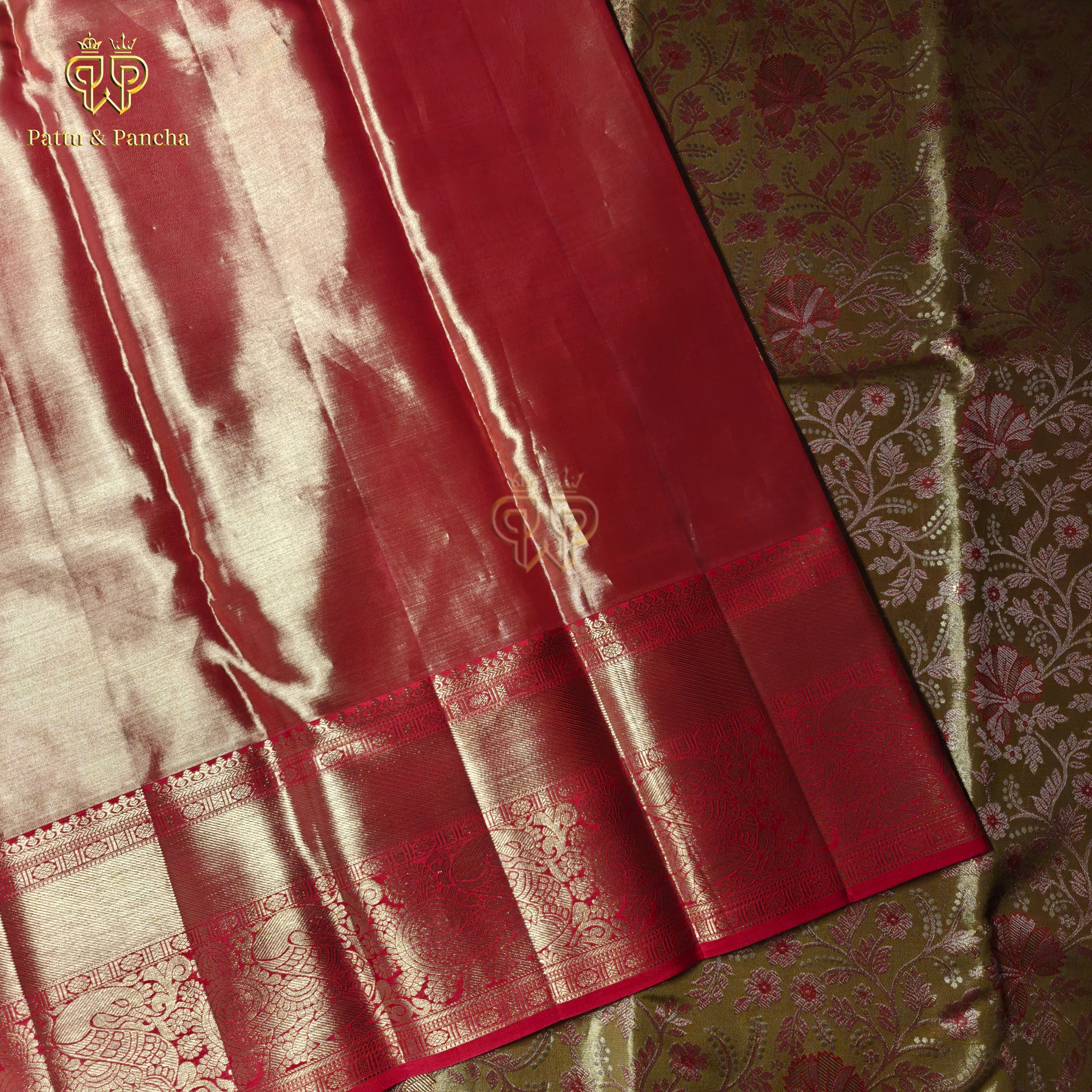 Pure Silk Tissue Golden Bridal Saree with Floral Brocade Weaving and Red with Gold Zari Border