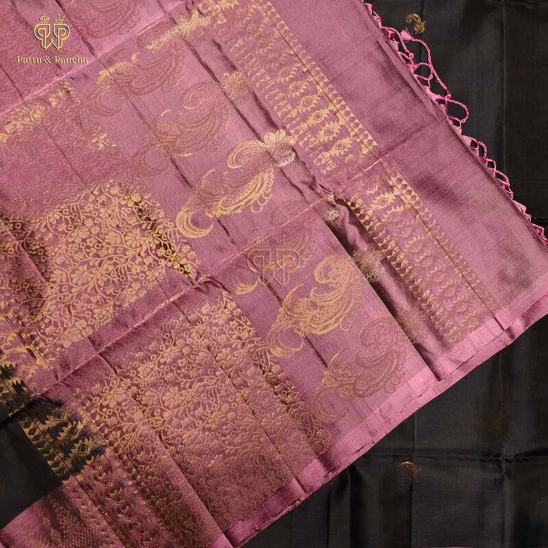Pure Soft Silk Dark Purple Saree with Onion Pink Zari Floral Border