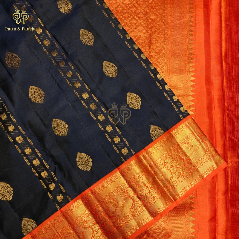Pure Silk Navy Blue Saree with Gold Zari Buttas and Contrast Orange Border