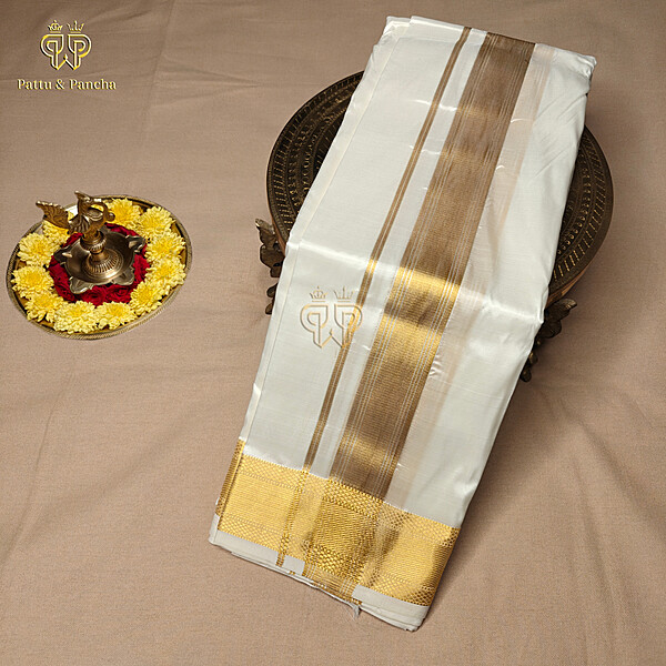 Pure Silk Blend Off White Dhoti with Golden Zari Stripes Border