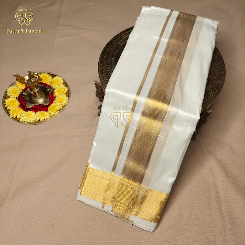 Pure Silk Blend Off White Dhoti with Golden Zari Stripes Border