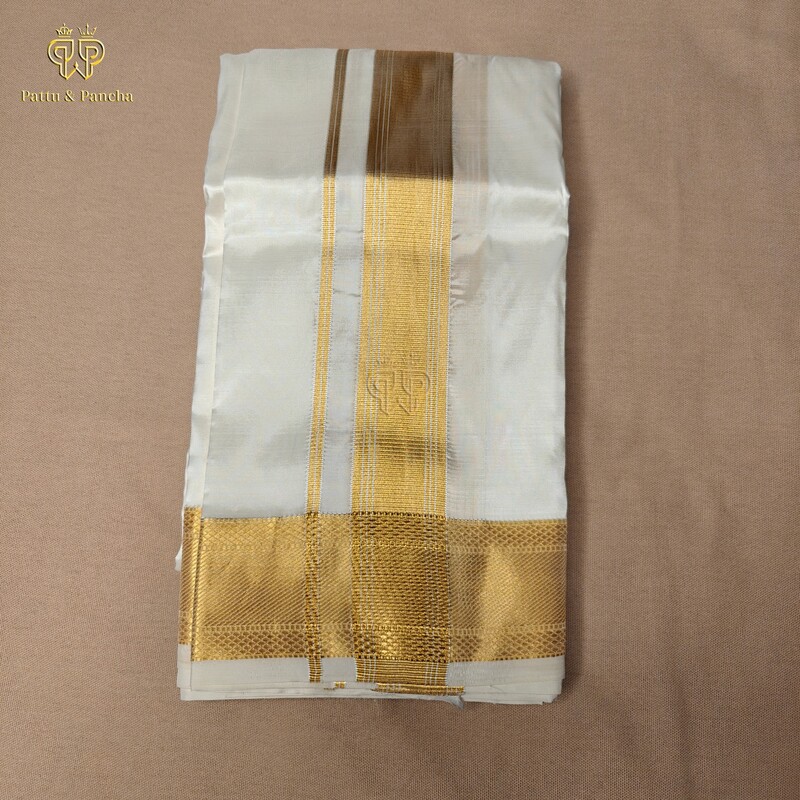Pure Silk Blend Off White Dhoti with Golden Zari Stripes Border