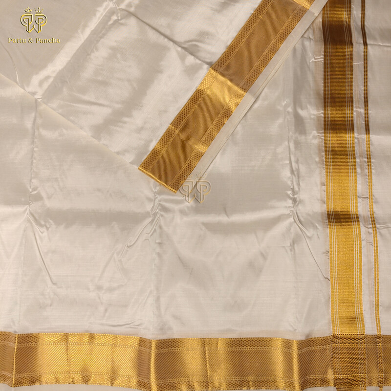 Pure Silk Blend Off White Dhoti with Golden Zari Stripes Border