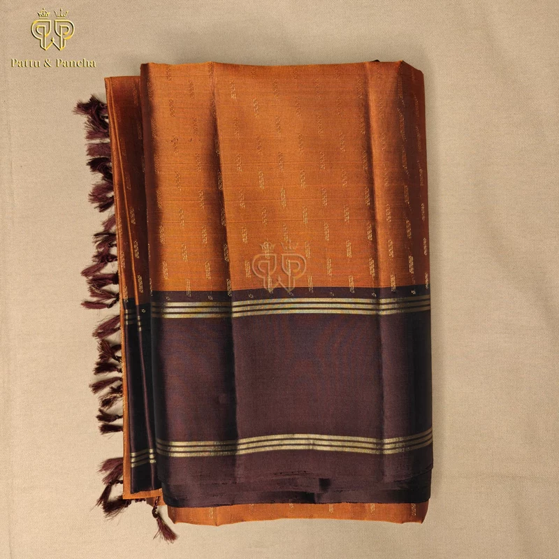 Pure Soft Silk Rust Orange Saree with Coffee Brown Retta pet Border