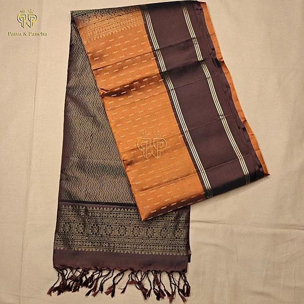 Pure Soft Silk Rust Orange Saree with Coffee Brown Retta pet Border