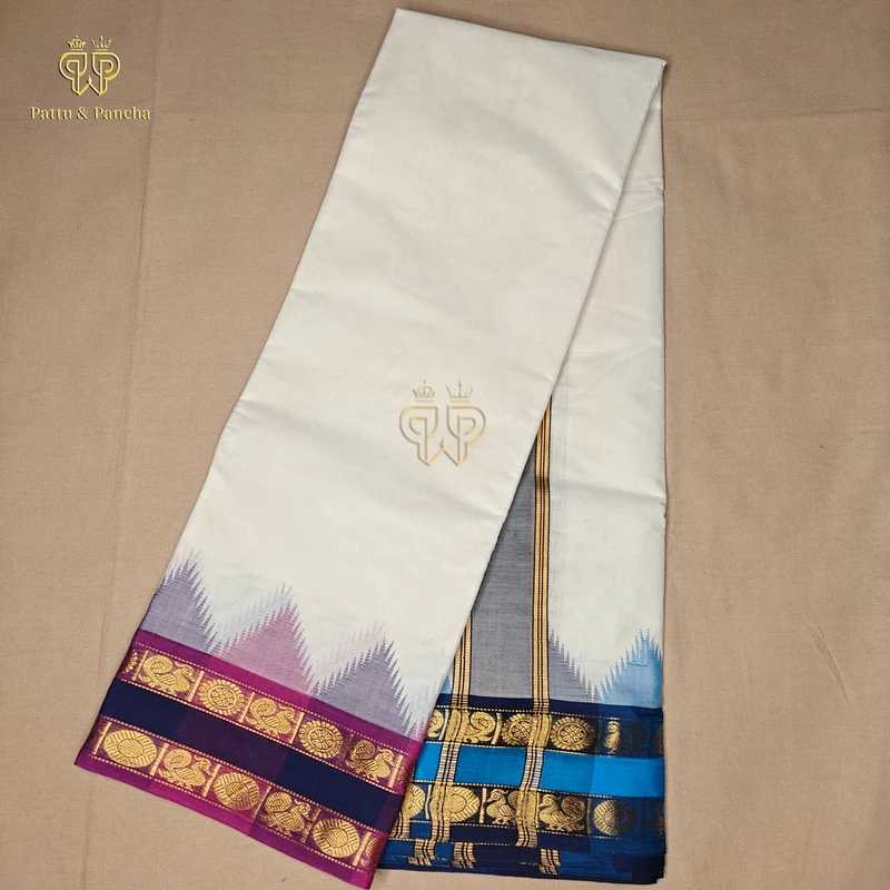 Pure Cotton Panchakacham Off white Dhoti with Purple and Blue Retta Pet Border