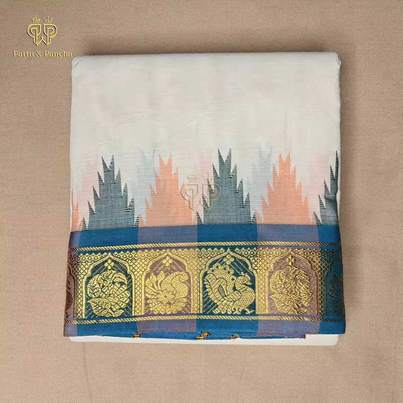 Pure Cotton Panchakacham Off White Dhoti with Retta Pet Multicolour Border