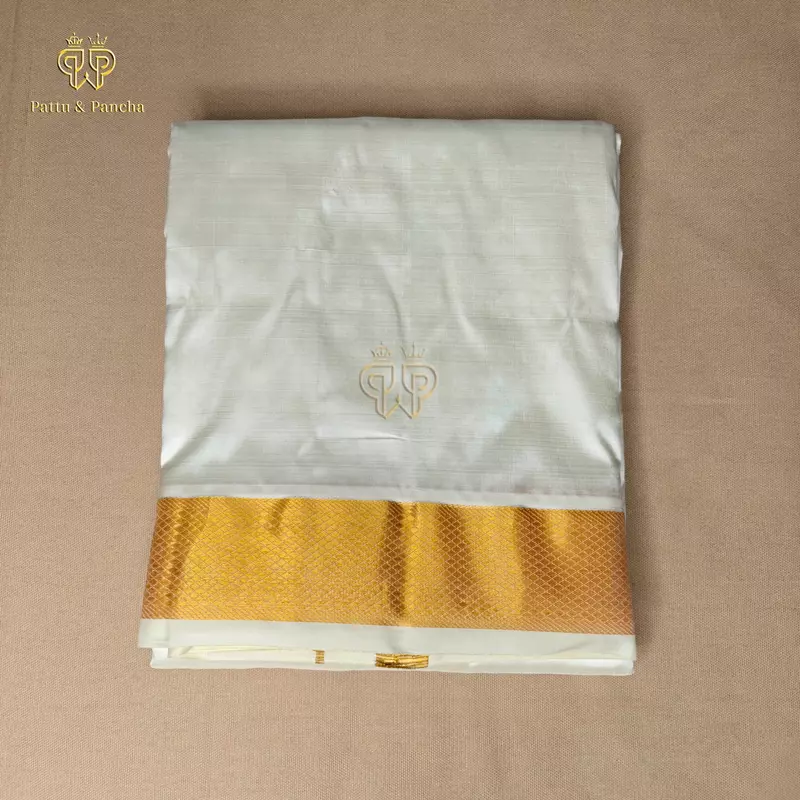 Pure Silk Panchakacham Off White Dhoti with Gold Zari Border