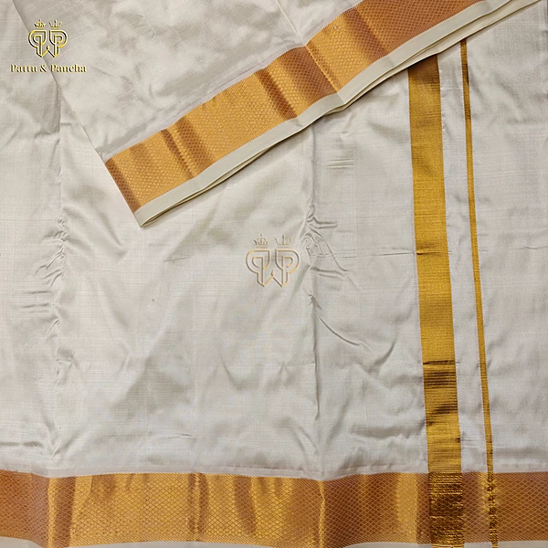 Pure Silk Panchakacham Off White Dhoti with Gold Zari Border