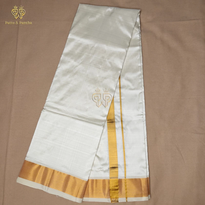 Pure Silk Panchakacham Off White Dhoti with Gold Zari Border